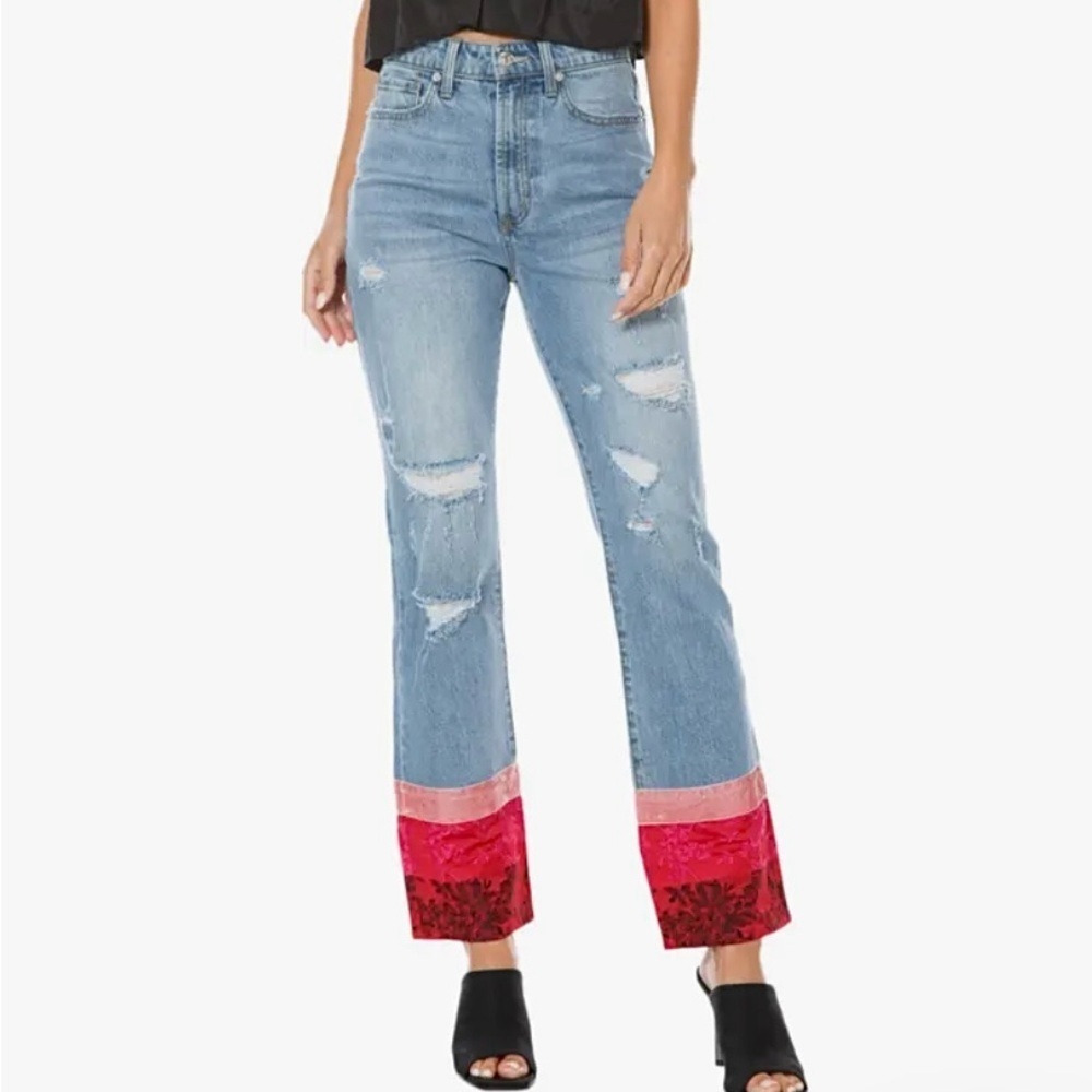 Juicy Couture Floral Velvet Satin Cuffs Crop Straight Leg Distressed Jeans 4 Y2K - Picture 1 of 10